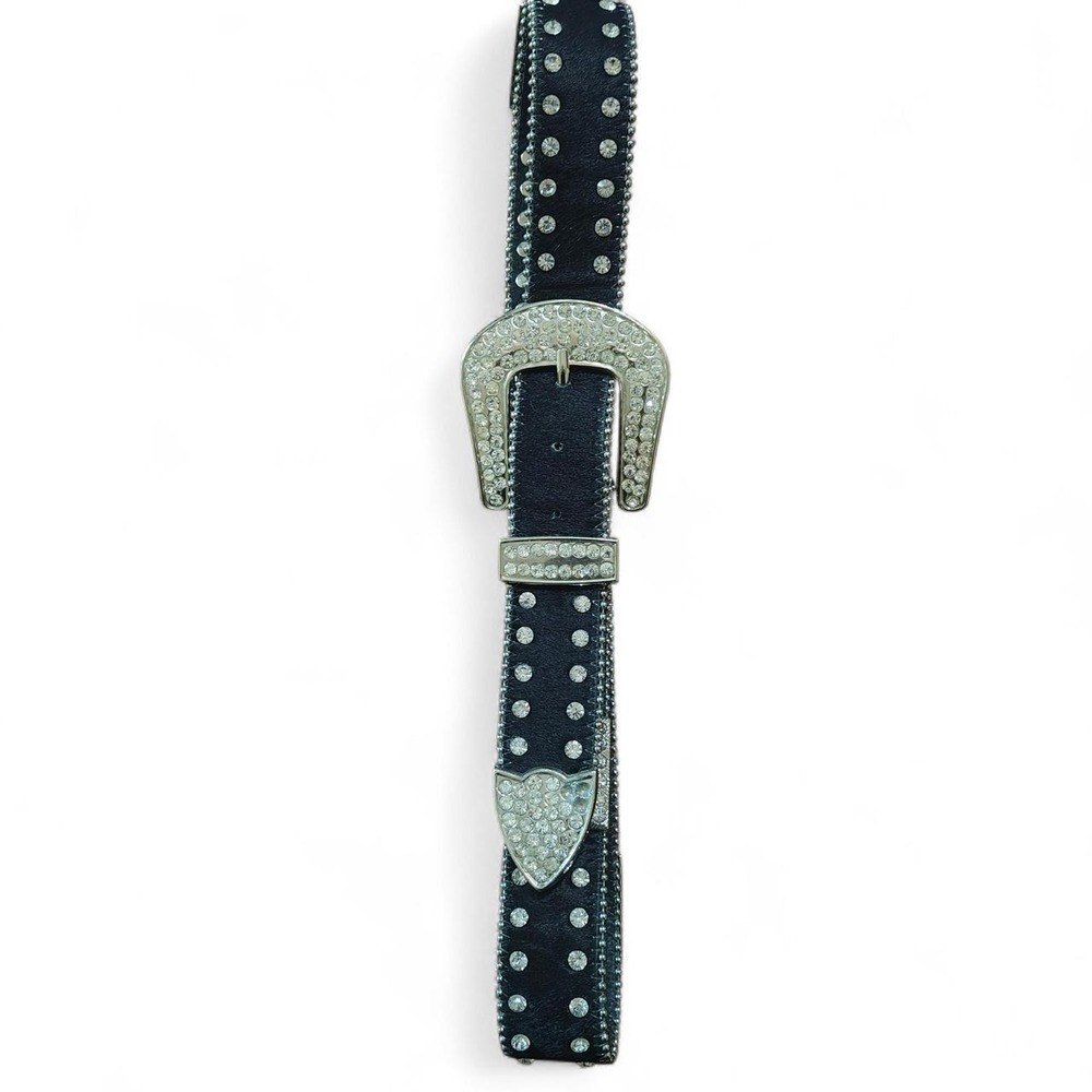 Beltiscool Black Leather Western Rhinestone Studded Belt Silver Buckle Size M/L
